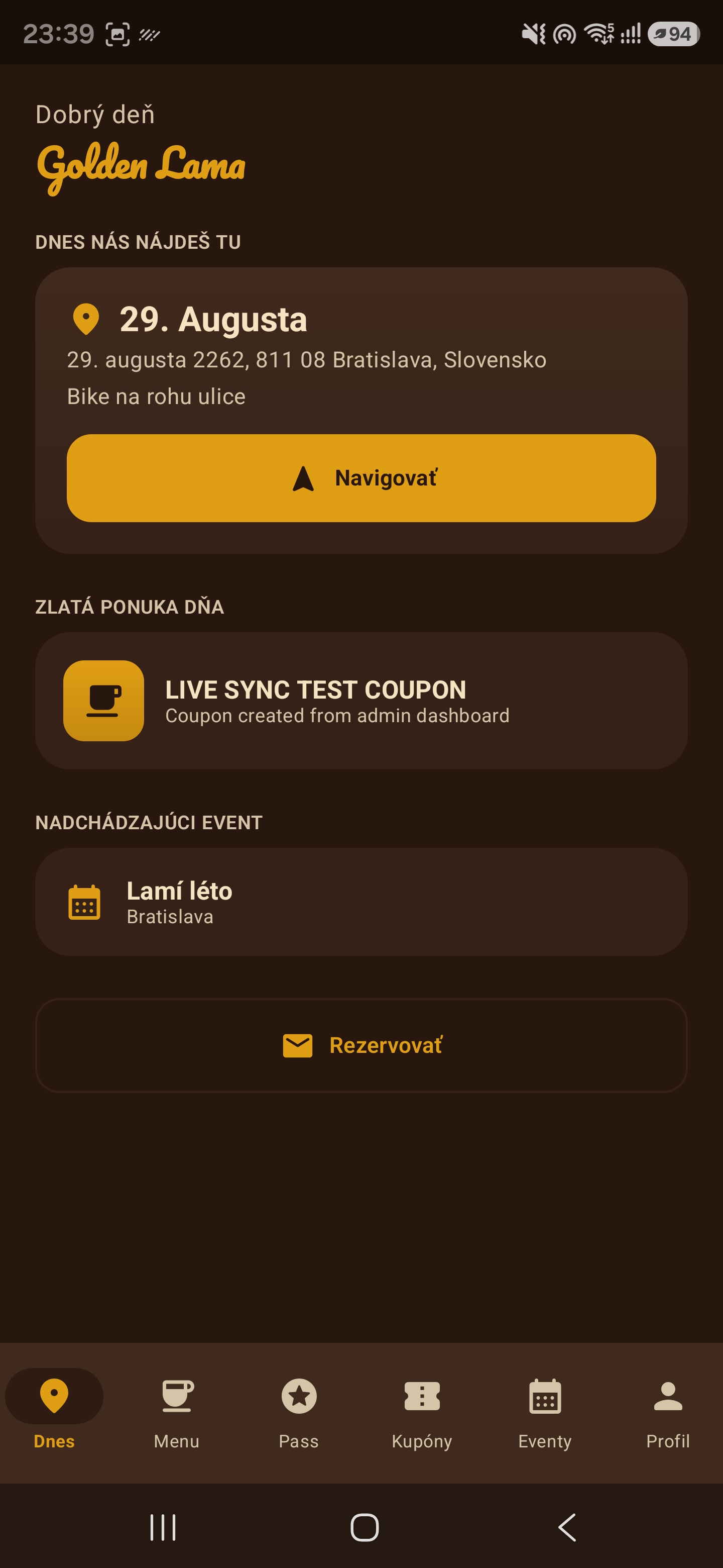 Golden Lama Coffee Aplikace